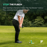 Golfer making a committed stroke with the Yips Blocker