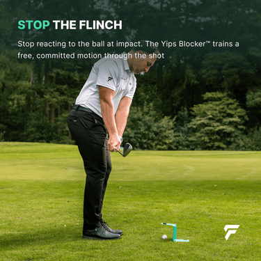 Golfer making a committed stroke with the Yips Blocker