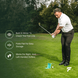 Yips Blocker features: built-in mirror, folds flat, right- and left-handed