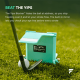 Golfer addressing the ball with a wedge while the Yips Blocker hides the ball