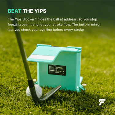 Golfer addressing the ball with a wedge while the Yips Blocker hides the ball