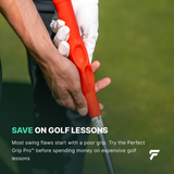 Close-up of a hand holding a golf club with text about saving on golf lessons.