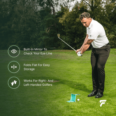 Yips Blocker features: built-in mirror, folds flat, right- and left-handed