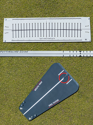 Golf putting line guide and pro tutor on a green surface